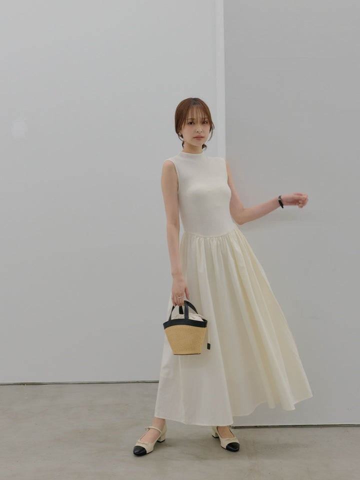 異素材リブドッキングノースリーブワンピース