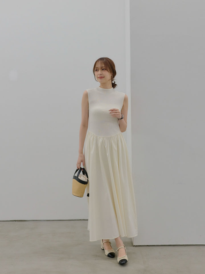 異素材リブドッキングノースリーブワンピース