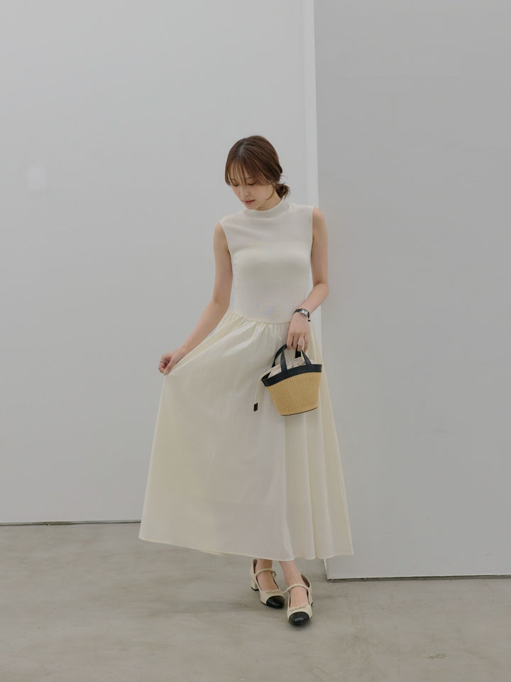 異素材リブドッキングノースリーブワンピース