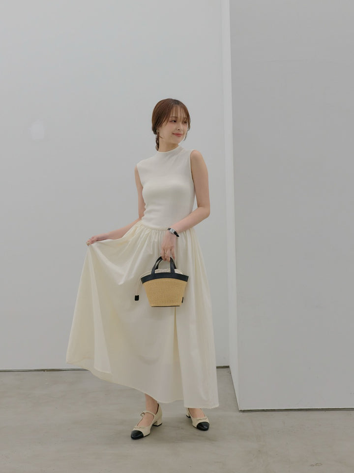異素材リブドッキングノースリーブワンピース