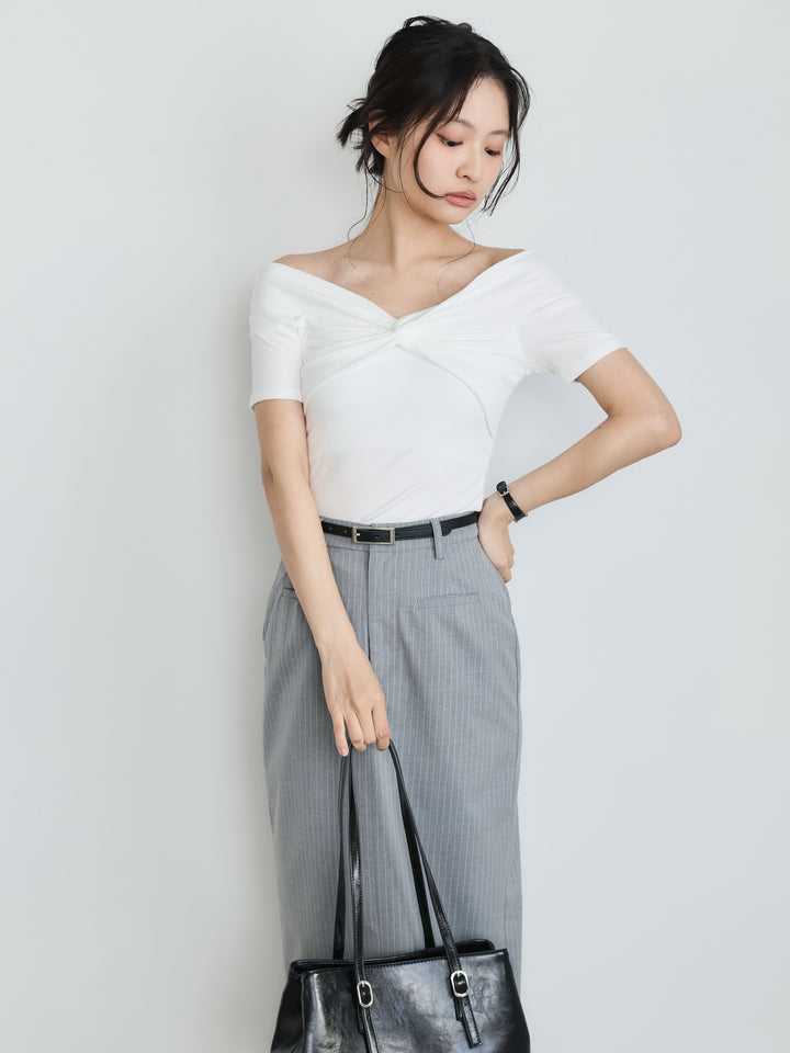 リボンライクオフショルダーTシャツ