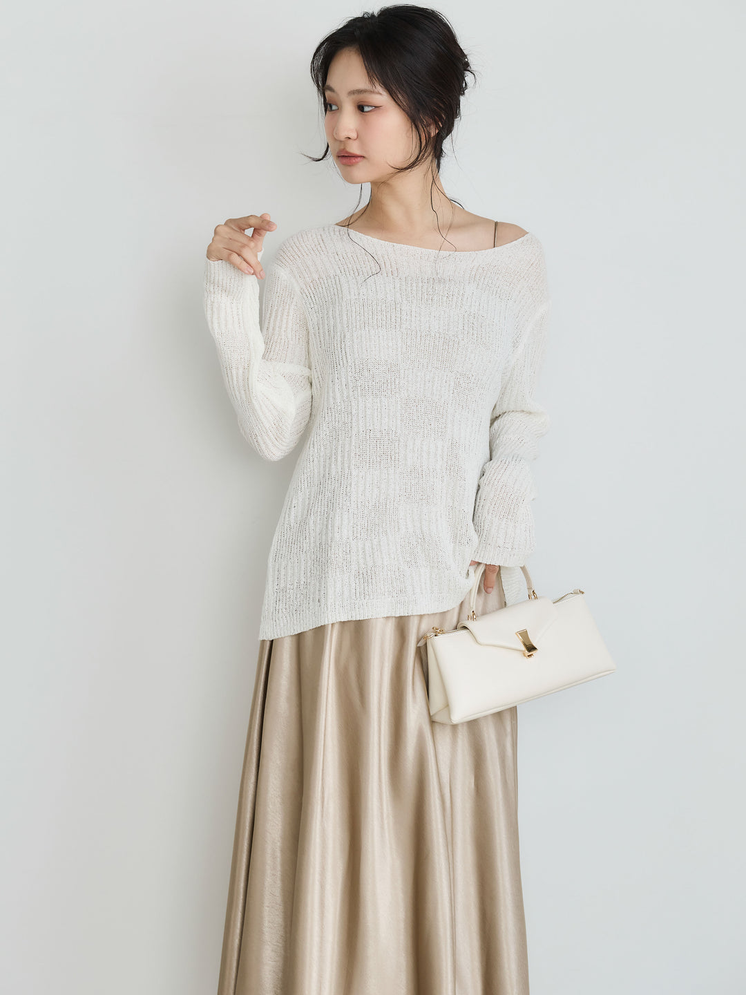 【SET】ブロック編みラウンドネックニットトップス+【Essential】Back open satin camisole dress(2set)
