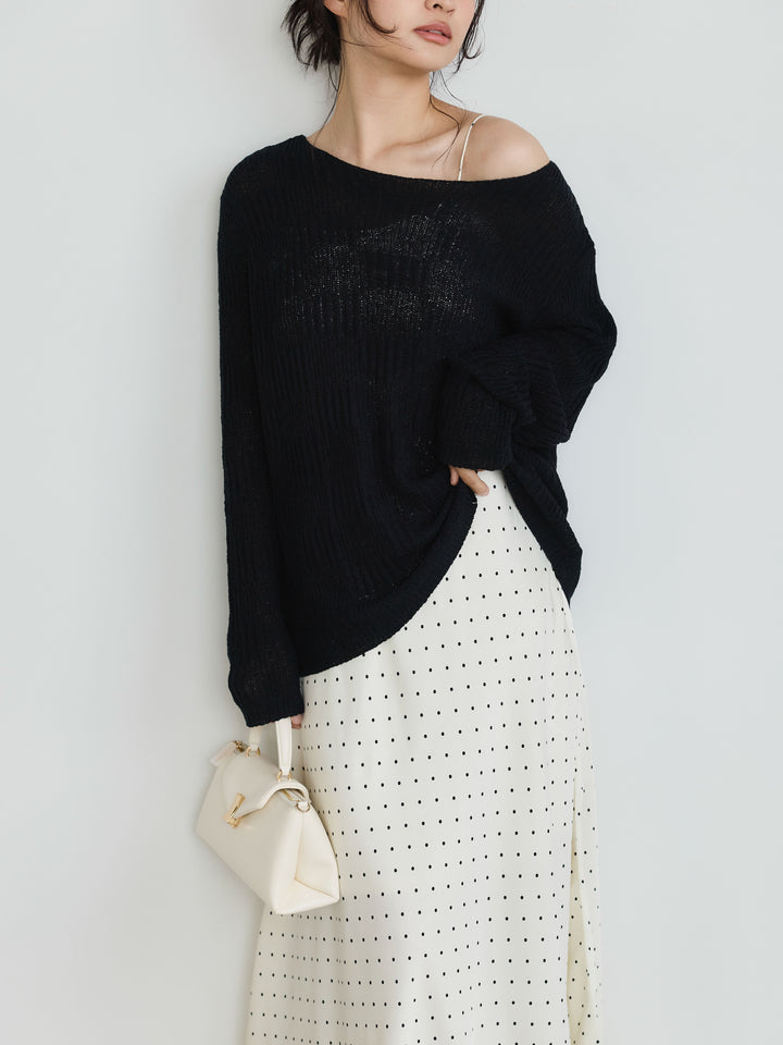 【SET】ブロック編みラウンドネックニットトップス+【Essential】Back open satin camisole dress(2set)