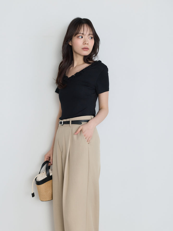 【SET】フリルネックTシャツ+フリルネックTシャツ(2set)