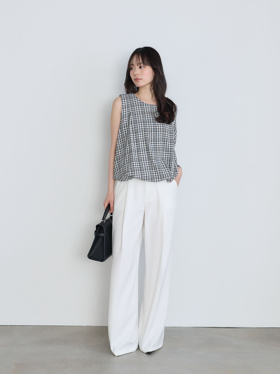 【SET】チェック柄コットンバルーントップス+センタープレスベーシックストレートパンツ(2set)