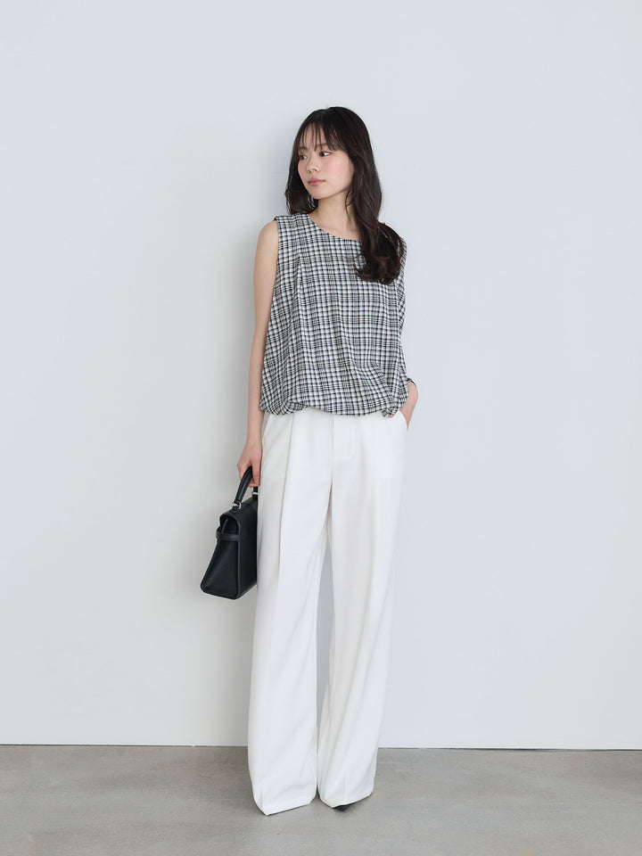 【SET】チェック柄コットンバルーントップス+センタープレスベーシックストレートパンツ(2set)