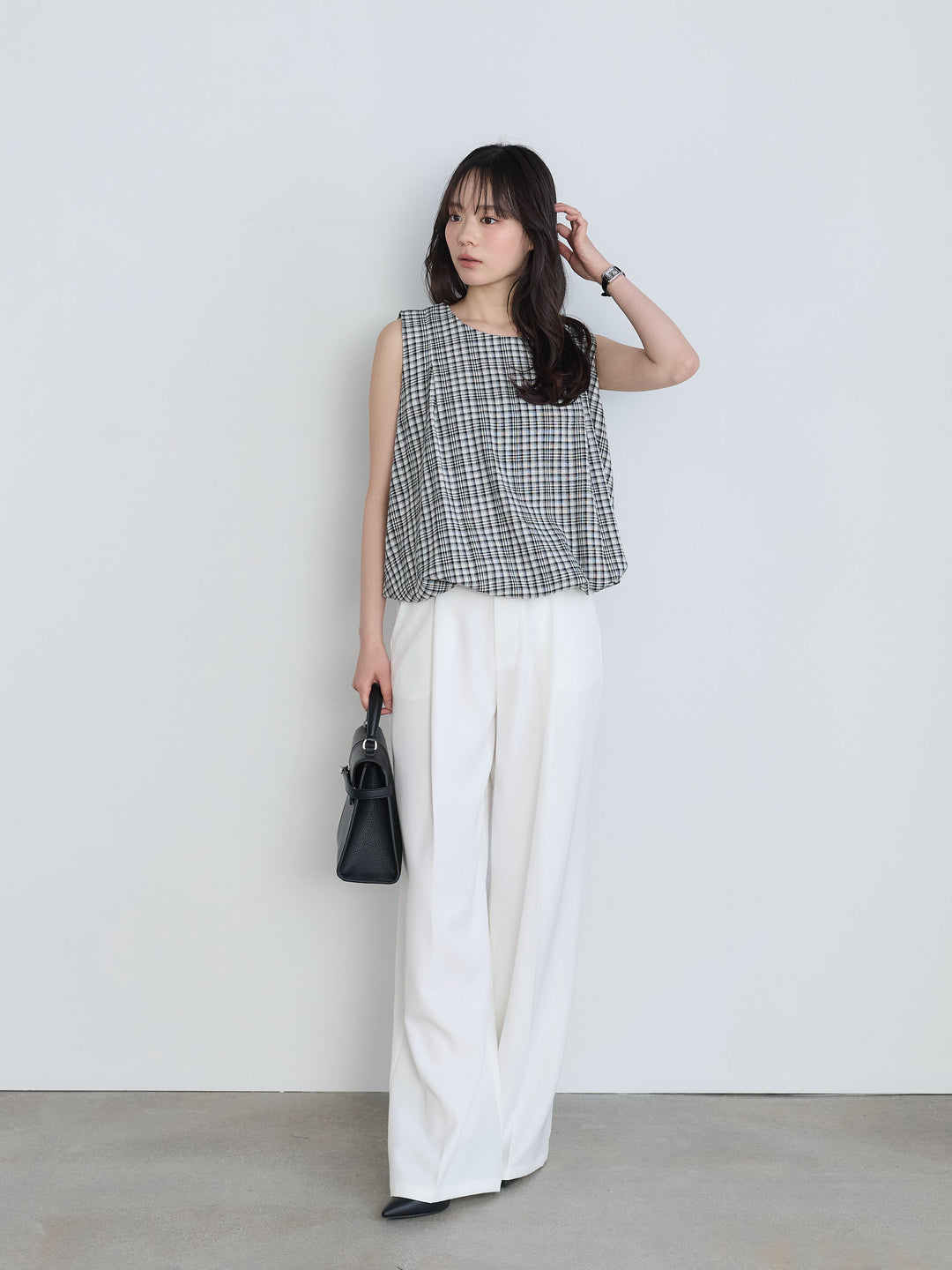 【SET】チェック柄コットンバルーントップス+センタープレスベーシックストレートパンツ(2set)