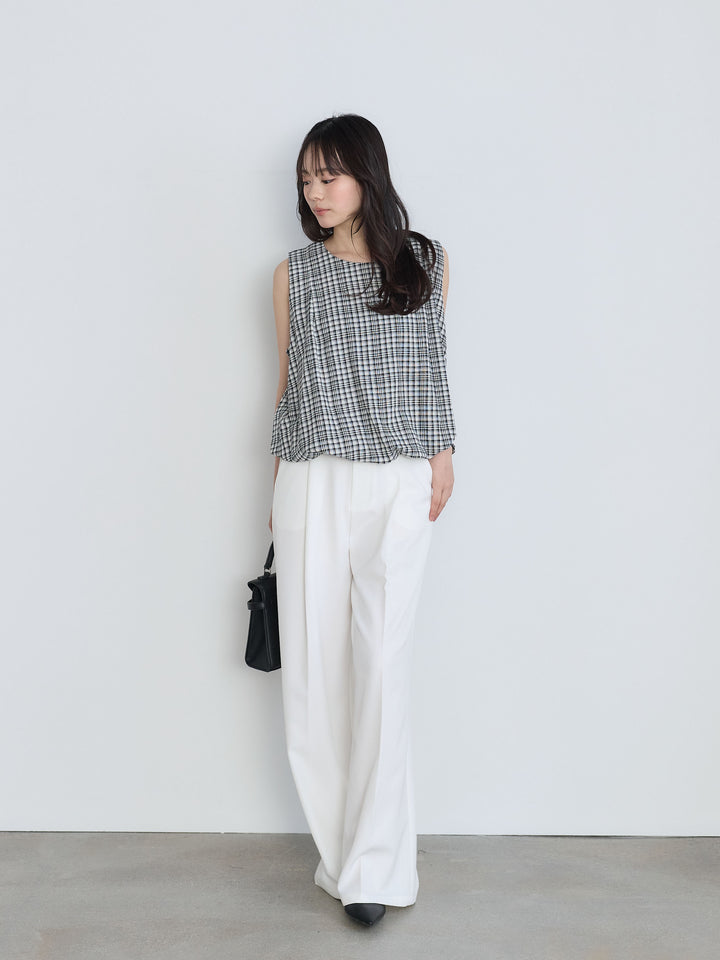 【SET】チェック柄コットンバルーントップス+センタープレスベーシックストレートパンツ(2set)
