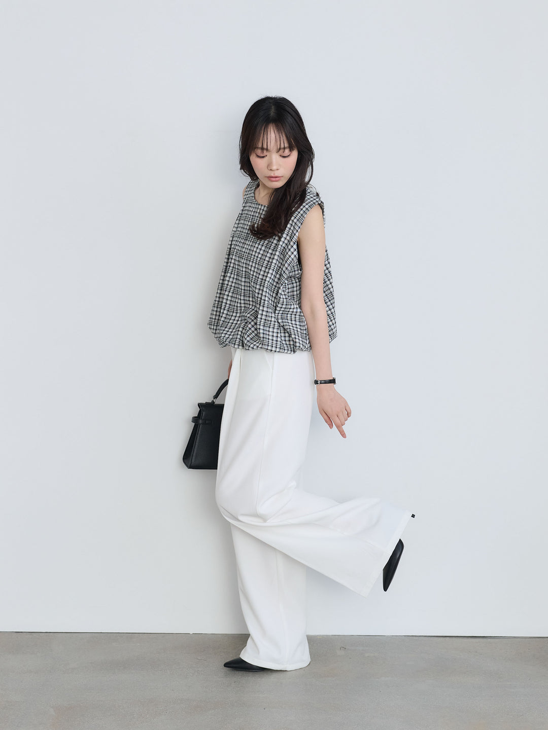 【SET】チェック柄コットンバルーントップス+センタープレスベーシックストレートパンツ(2set)