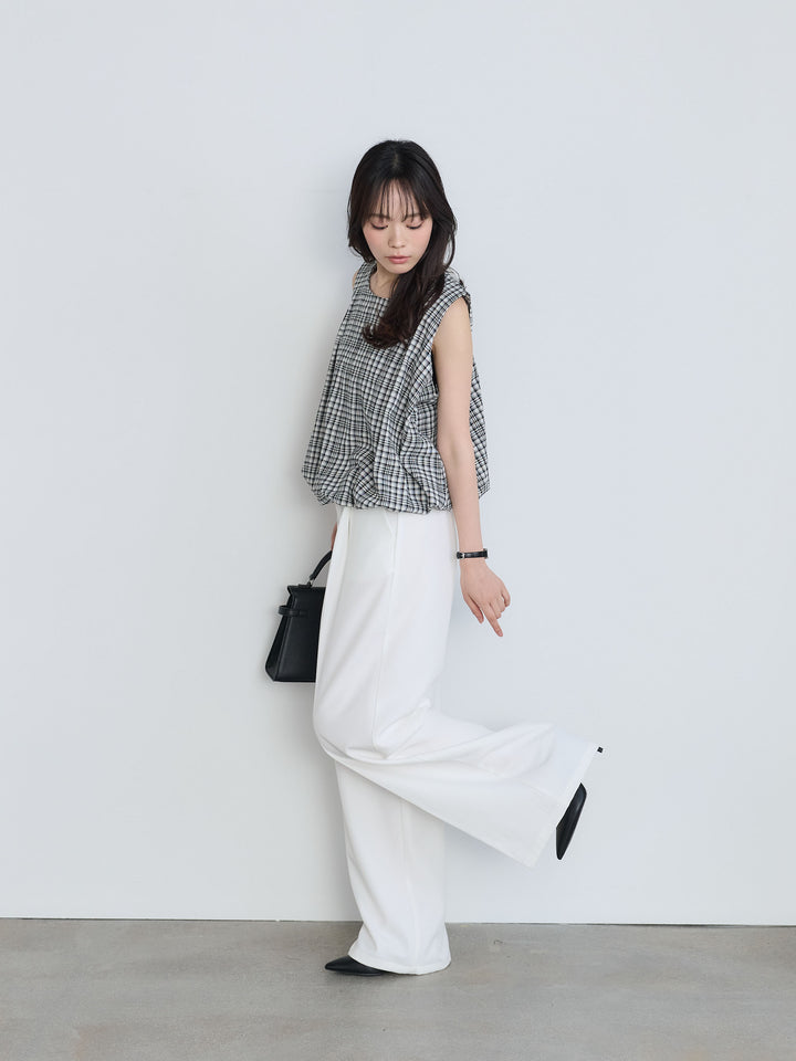 【SET】チェック柄コットンバルーントップス+センタープレスベーシックストレートパンツ(2set)