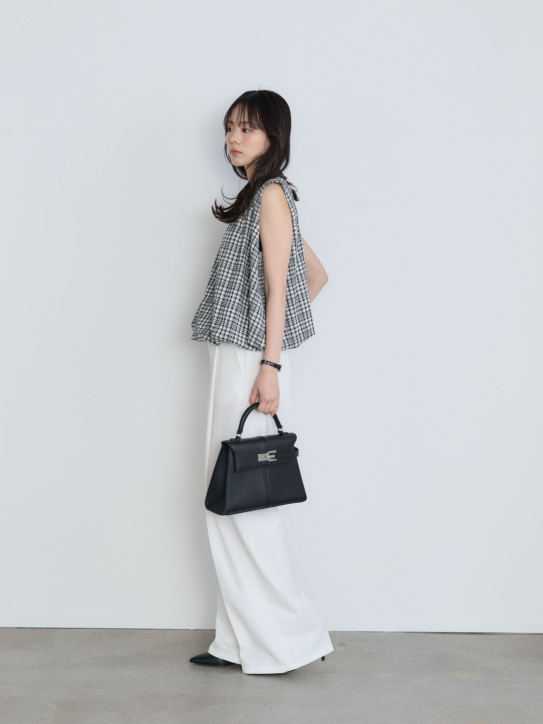 【SET】チェック柄コットンバルーントップス+センタープレスベーシックストレートパンツ(2set)