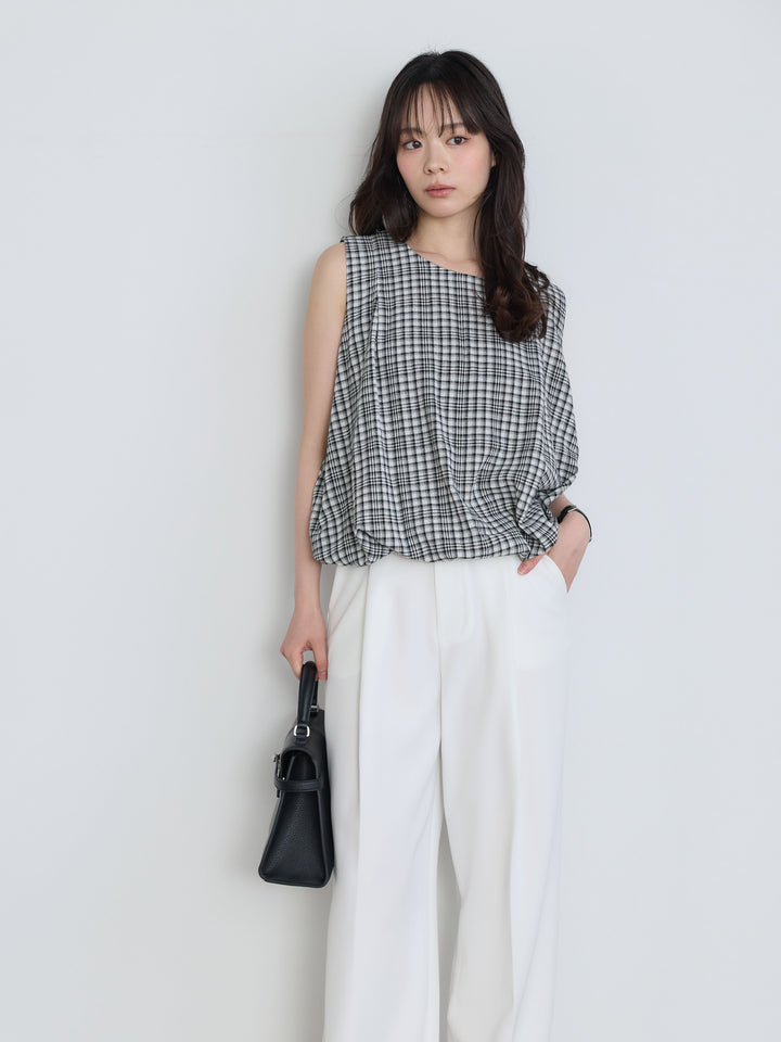 【SET】チェック柄コットンバルーントップス+センタープレスベーシックストレートパンツ(2set)