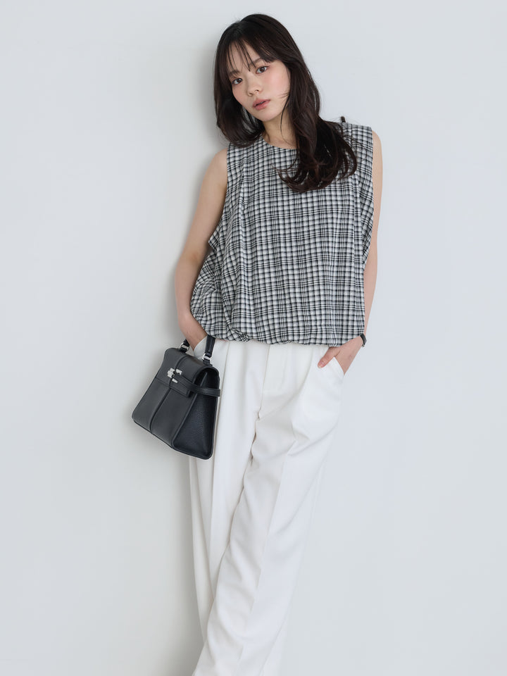 【SET】チェック柄コットンバルーントップス+センタープレスベーシックストレートパンツ(2set)