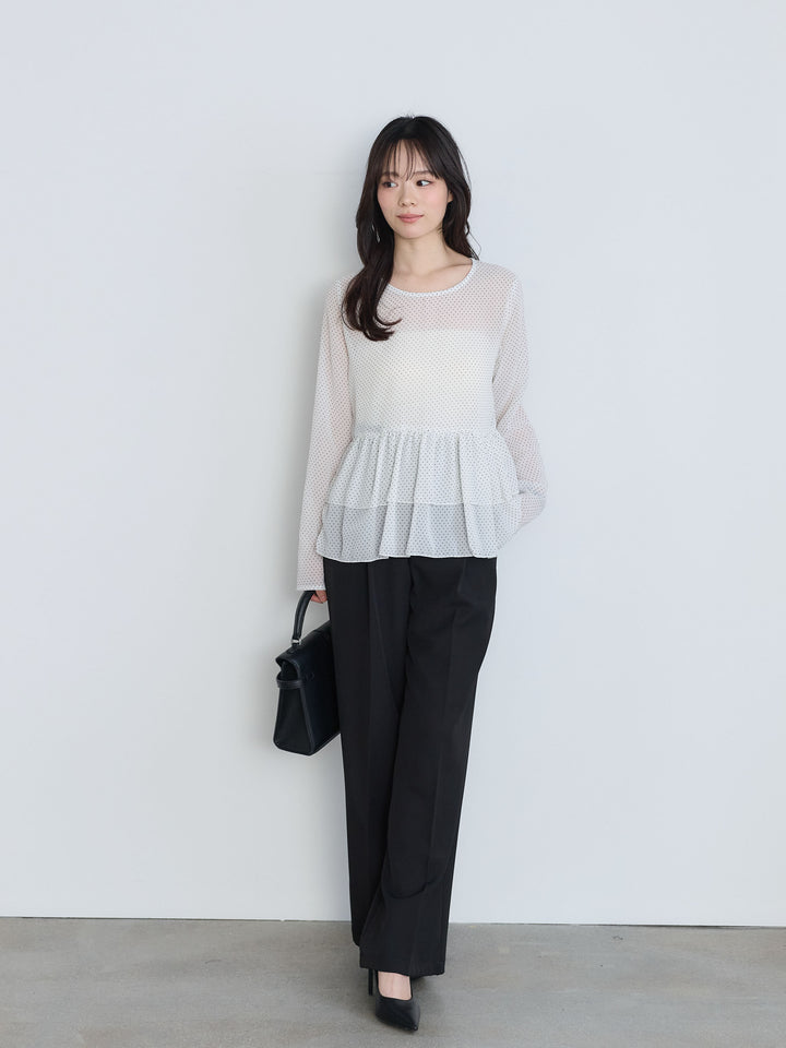 【SET】ドットシフォンティアードブラウス+センタープレスベーシックストレートパンツ(2set)