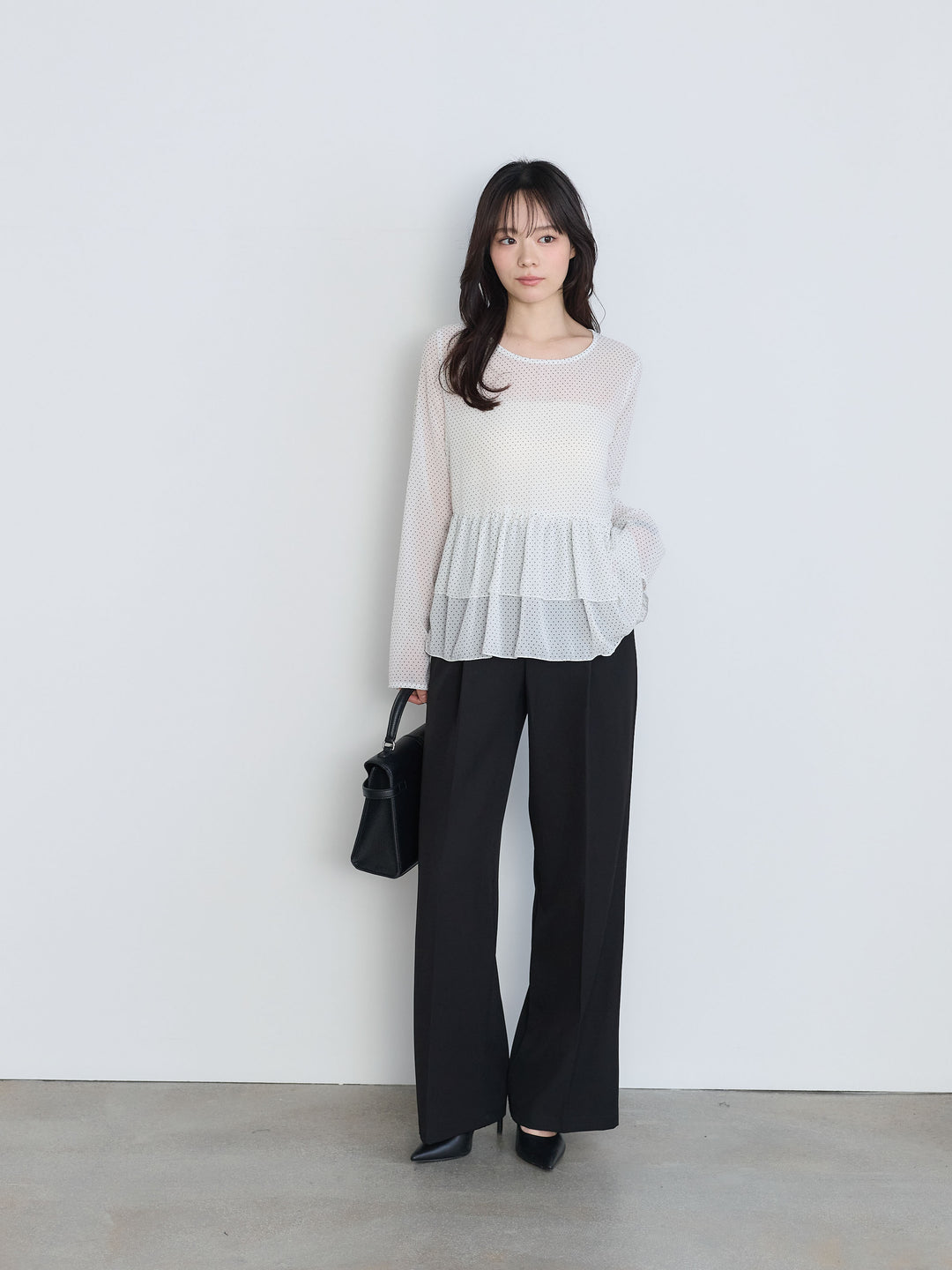 【SET】ドットシフォンティアードブラウス+センタープレスベーシックストレートパンツ(2set)