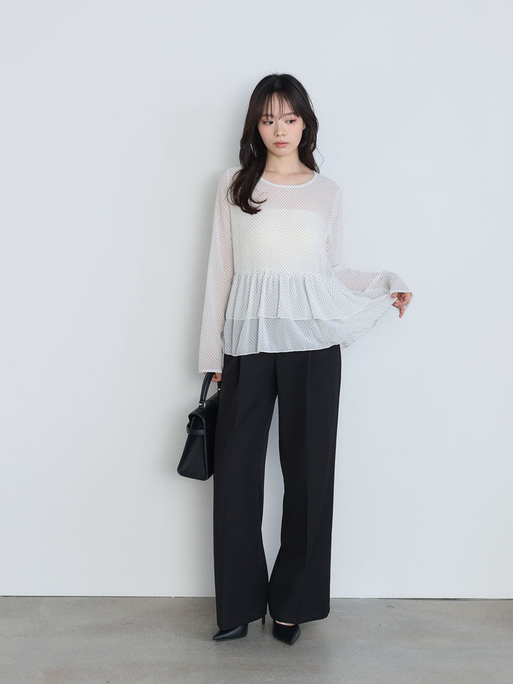 【SET】ドットシフォンティアードブラウス+センタープレスベーシックストレートパンツ(2set)