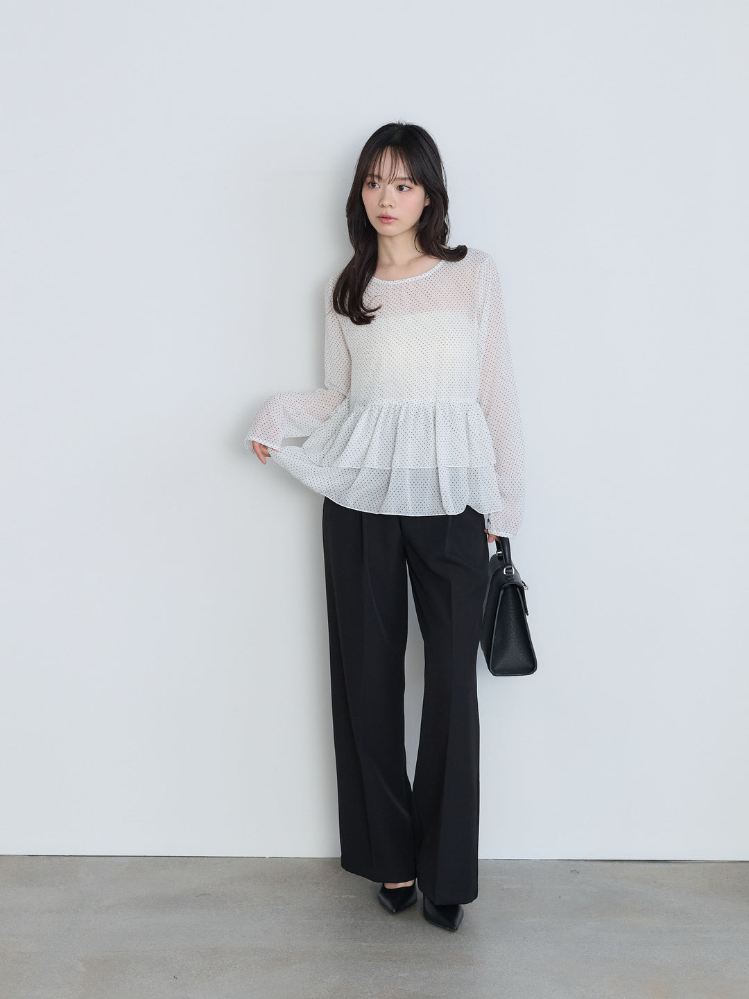 【SET】ドットシフォンティアードブラウス+センタープレスベーシックストレートパンツ(2set)