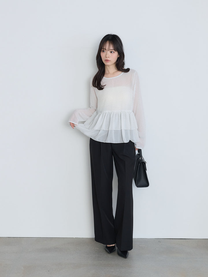 【SET】ドットシフォンティアードブラウス+センタープレスベーシックストレートパンツ(2set)