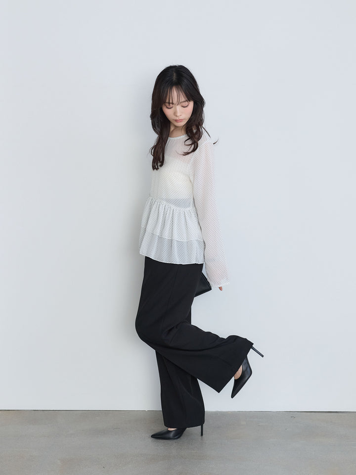 【SET】ドットシフォンティアードブラウス+センタープレスベーシックストレートパンツ(2set)