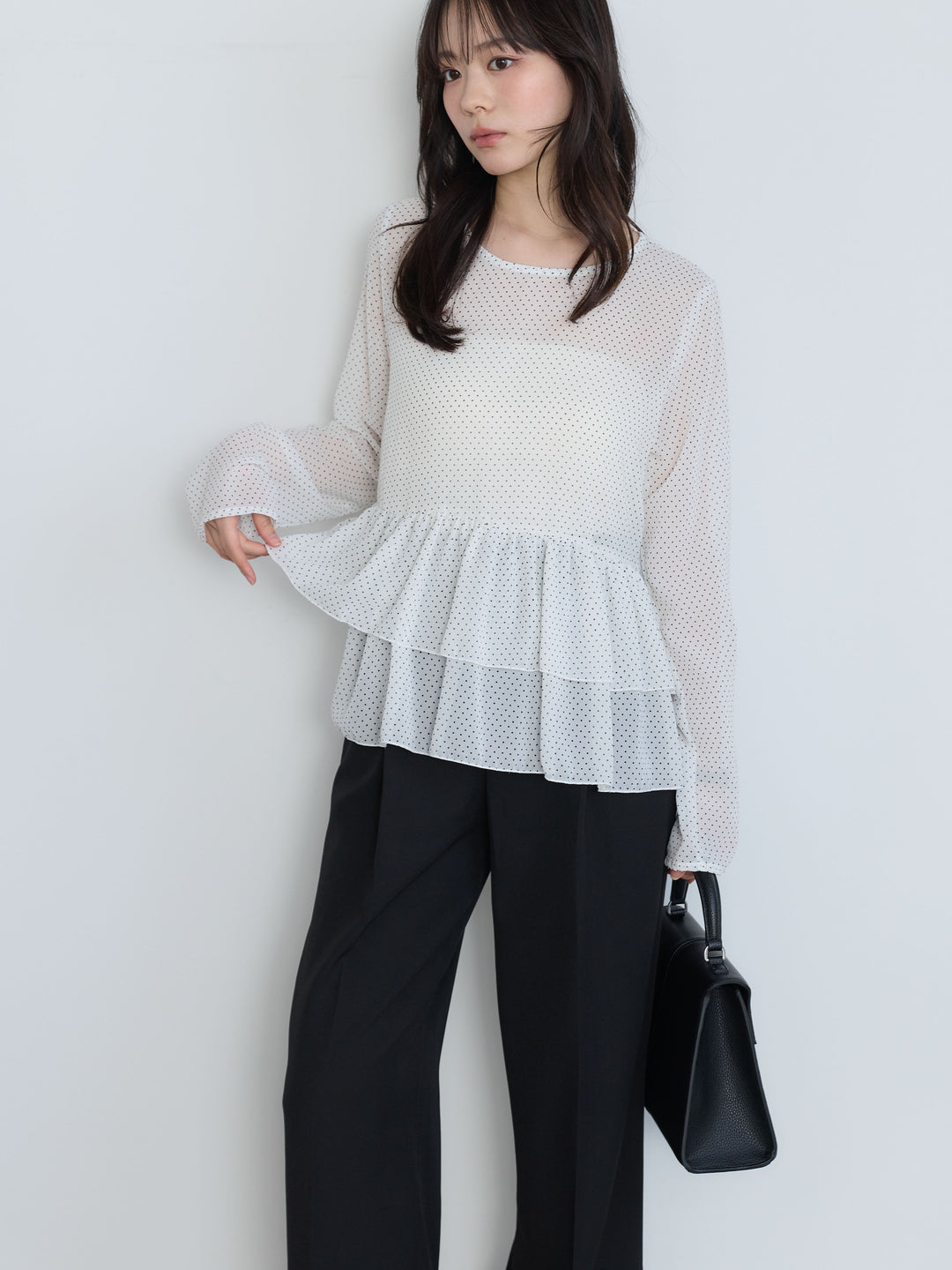 【SET】ドットシフォンティアードブラウス+センタープレスベーシックストレートパンツ(2set)