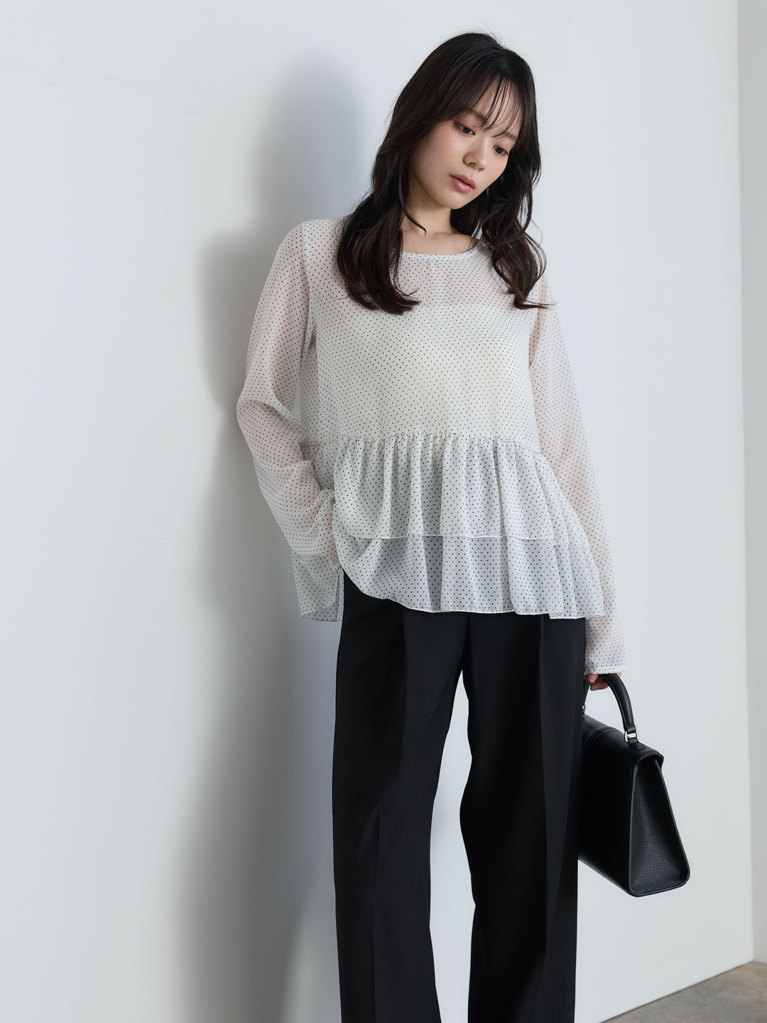 【SET】ドットシフォンティアードブラウス+センタープレスベーシックストレートパンツ(2set)