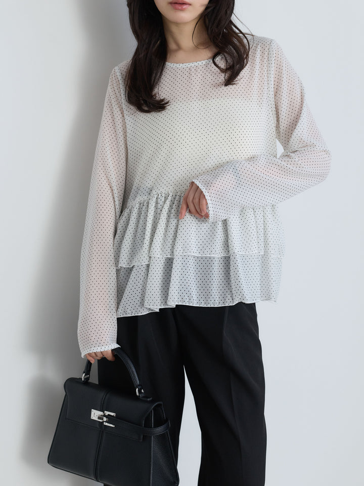 【SET】ドットシフォンティアードブラウス+センタープレスベーシックストレートパンツ(2set)
