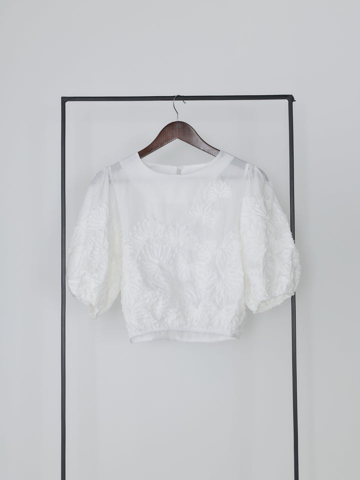 テープ刺繍コットンパフスリーブブラウス