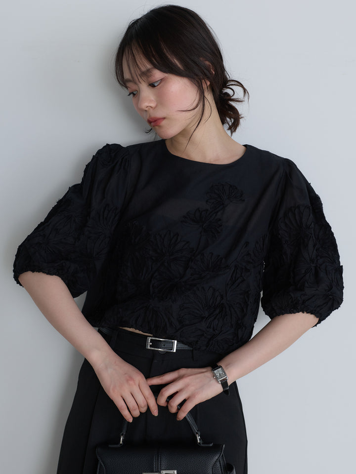 【SET】テープ刺繍コットンパフスリーブブラウス+センタープレスベーシックストレートパンツ(2set)