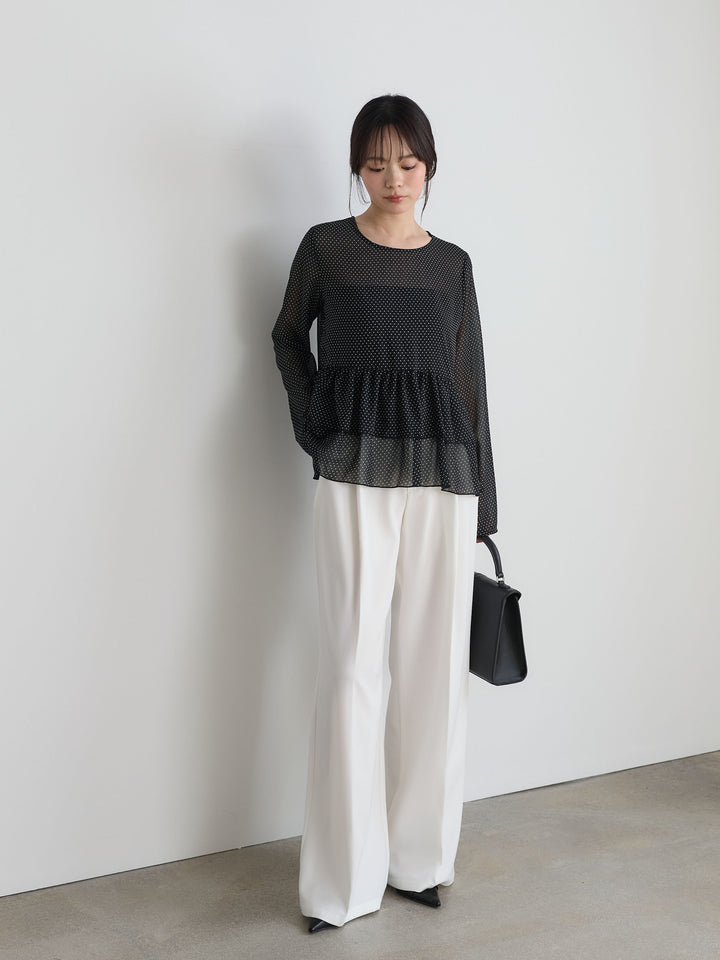 【SET】ドットシフォンティアードブラウス+センタープレスベーシックストレートパンツ(2set)