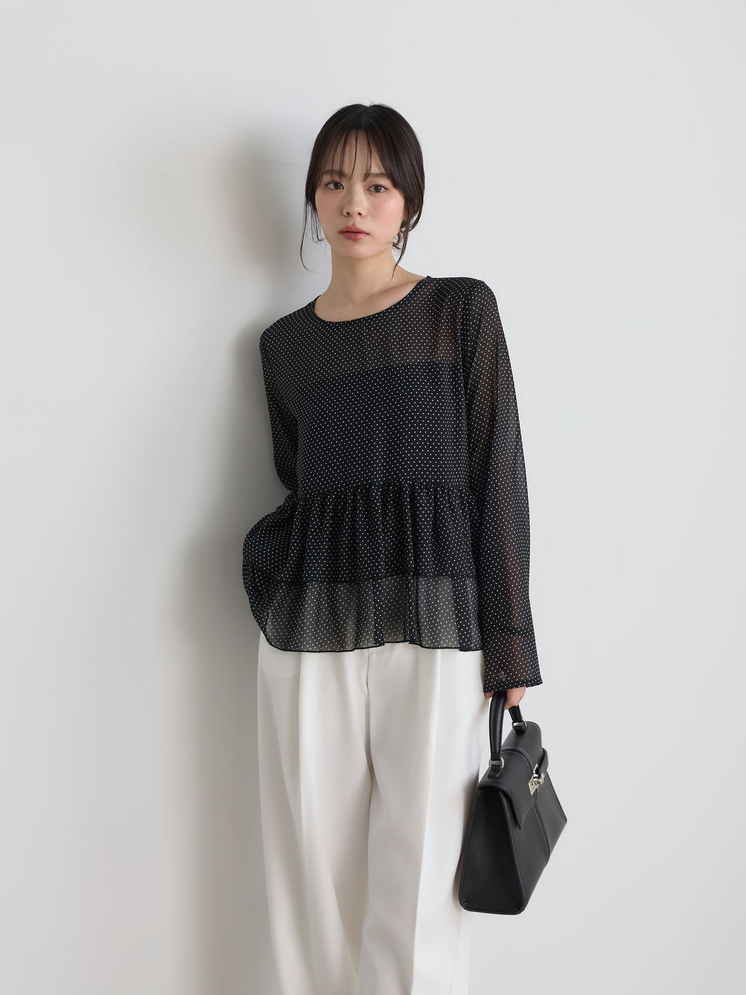 【SET】ドットシフォンティアードブラウス+センタープレスベーシックストレートパンツ(2set)