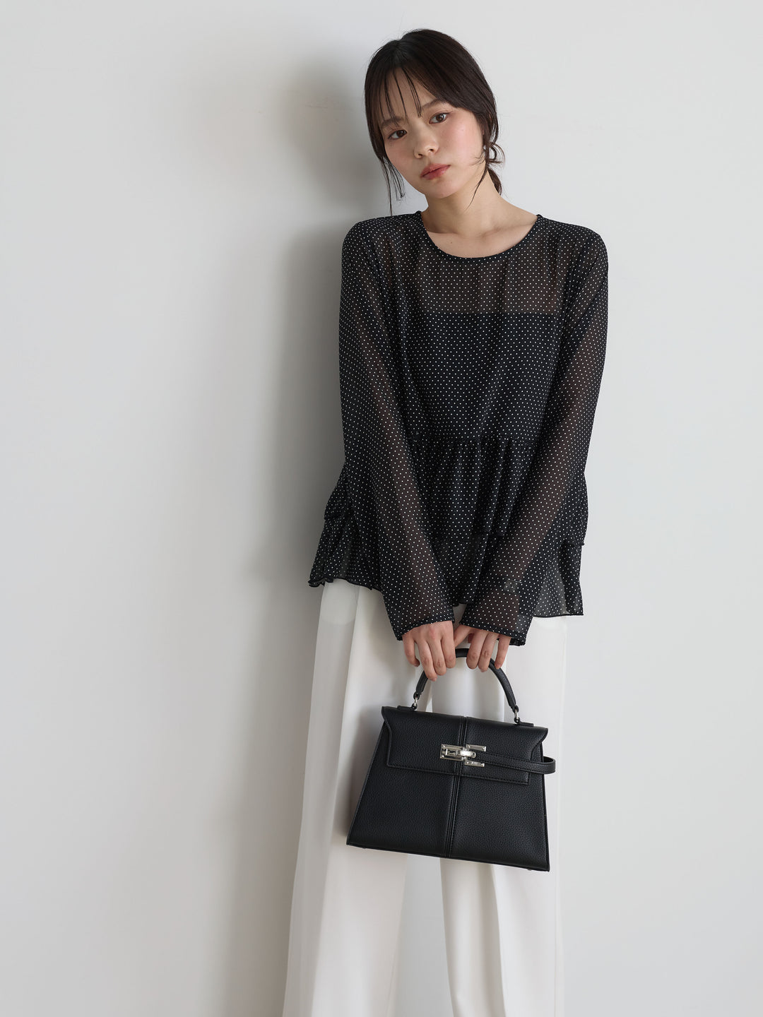 【SET】ドットシフォンティアードブラウス+センタープレスベーシックストレートパンツ(2set)