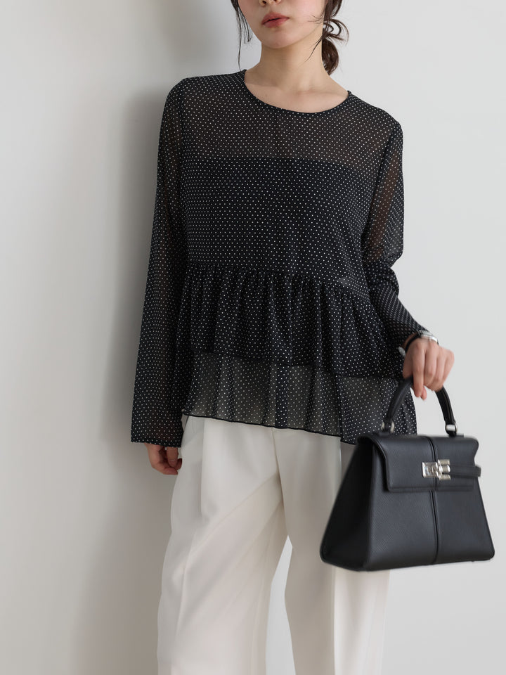 【SET】ドットシフォンティアードブラウス+センタープレスベーシックストレートパンツ(2set)