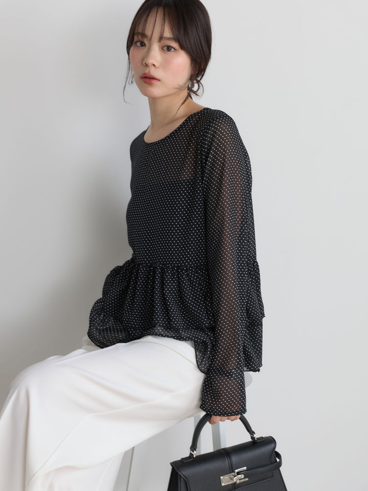 【SET】ドットシフォンティアードブラウス+センタープレスベーシックストレートパンツ(2set)