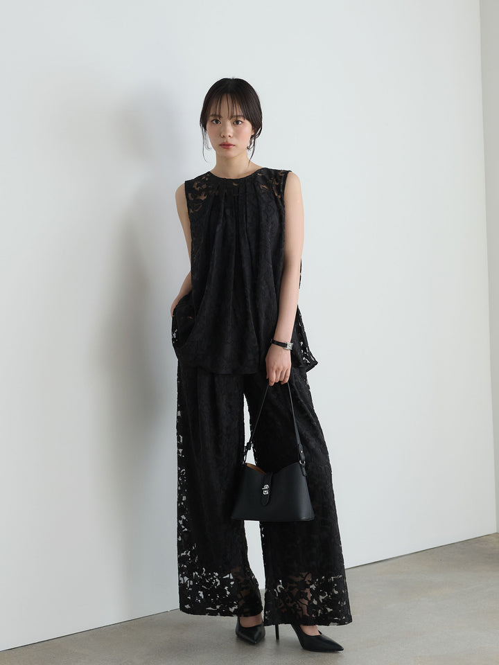 【SET】バックツイストシアージャガードノースリーブブラウス+シアージャガードワイドパンツ(2set)