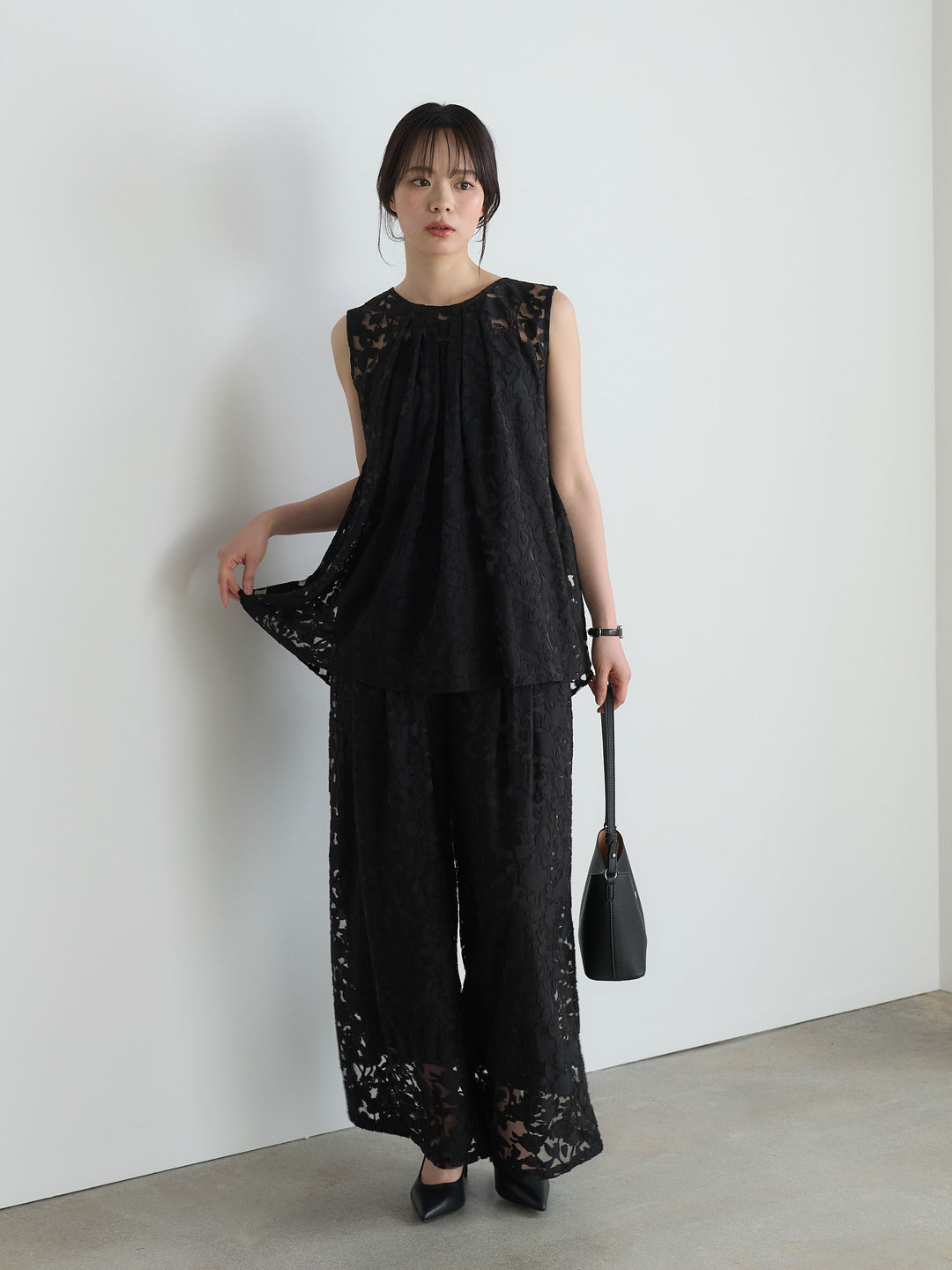 【SET】バックツイストシアージャガードノースリーブブラウス+カットリブカップ付きバッククロスキャミソール(2set)