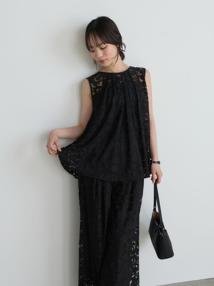 【SET】バックツイストシアージャガードノースリーブブラウス+カットリブカップ付きバッククロスキャミソール(2set)