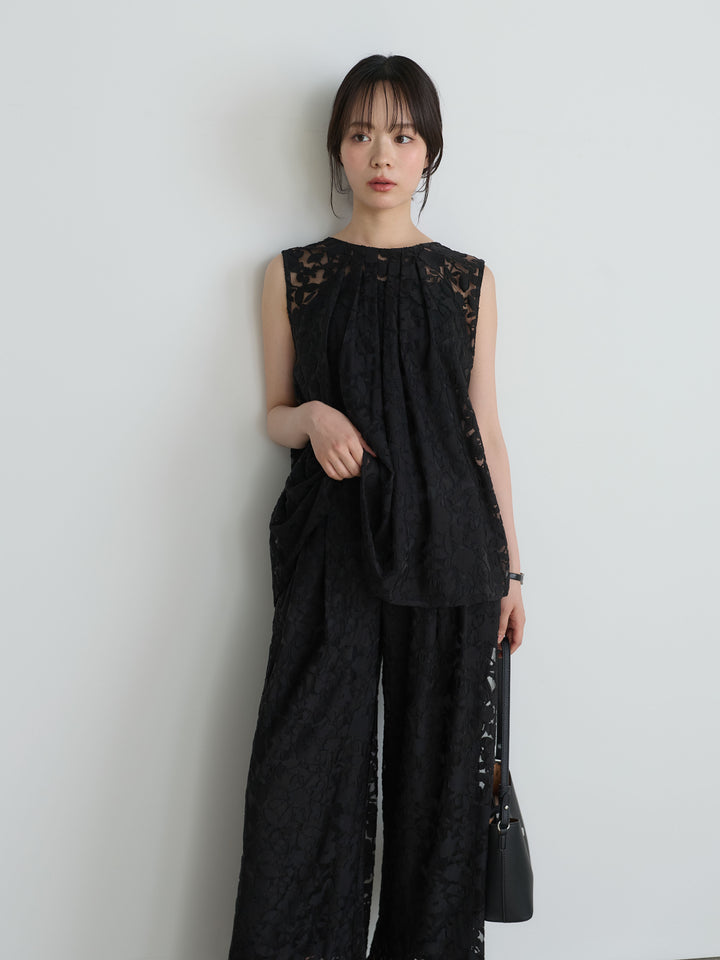 【SET】バックツイストシアージャガードノースリーブブラウス+カットリブカップ付きバッククロスキャミソール(2set)