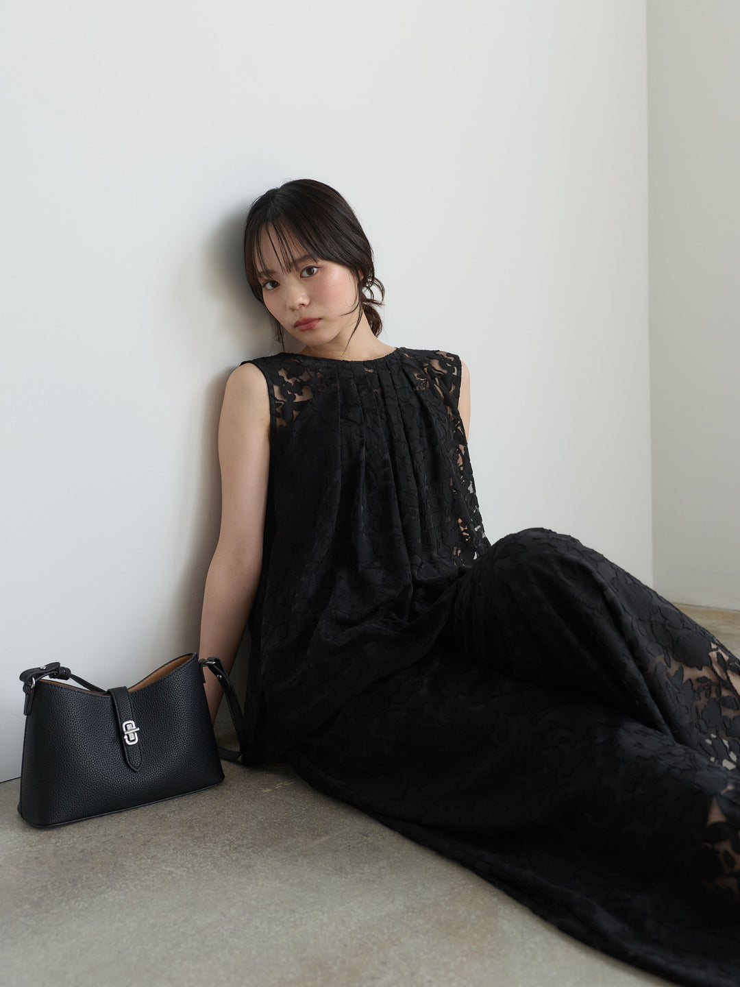 【SET】バックツイストシアージャガードノースリーブブラウス+カットリブカップ付きバッククロスキャミソール(2set)