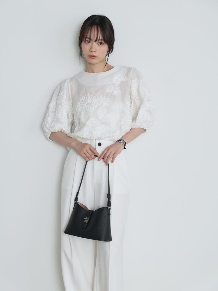 【SET】テープ刺繍コットンパフスリーブブラウス+センタープレスベーシックストレートパンツ(2set)