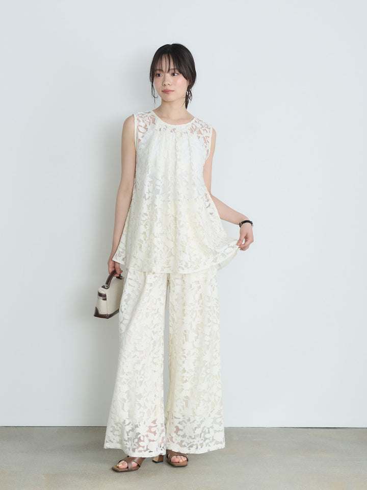 【SET】バックツイストシアージャガードノースリーブブラウス+カットリブカップ付きバッククロスキャミソール+シアージャガードワイドパンツ(3set)