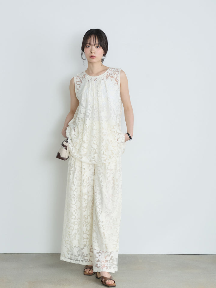 【SET】バックツイストシアージャガードノースリーブブラウス+シアージャガードワイドパンツ(2set)