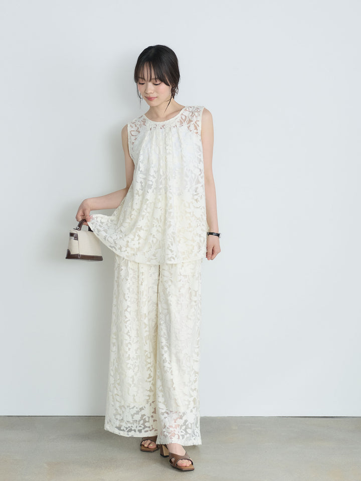 【SET】バックツイストシアージャガードノースリーブブラウス+カットリブカップ付きバッククロスキャミソール(2set)