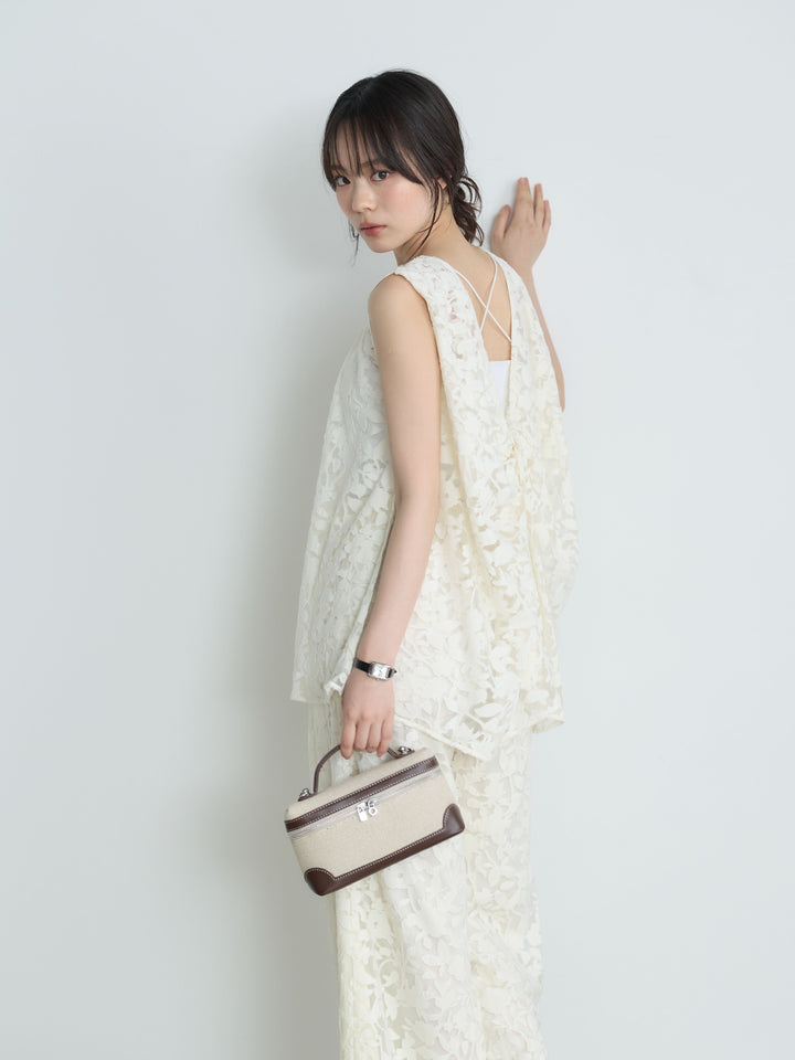 【SET】バックツイストシアージャガードノースリーブブラウス+カットリブカップ付きバッククロスキャミソール(2set)