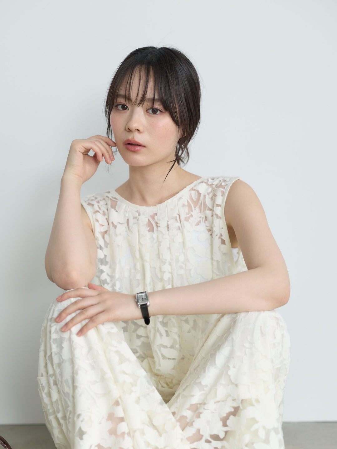 【SET】バックツイストシアージャガードノースリーブブラウス+シアージャガードワイドパンツ(2set)