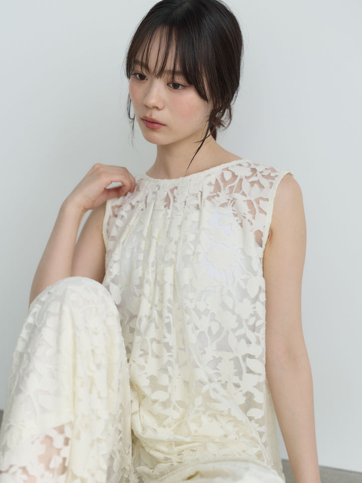 【SET】バックツイストシアージャガードノースリーブブラウス+カットリブカップ付きバッククロスキャミソール+シアージャガードワイドパンツ(3set)