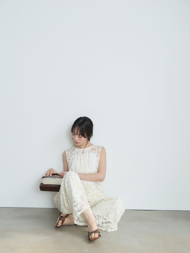 【SET】バックツイストシアージャガードノースリーブブラウス+カットリブカップ付きバッククロスキャミソール+シアージャガードワイドパンツ(3set)