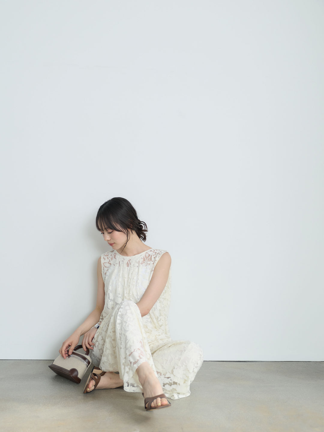 【SET】バックツイストシアージャガードノースリーブブラウス+カットリブカップ付きバッククロスキャミソール(2set)