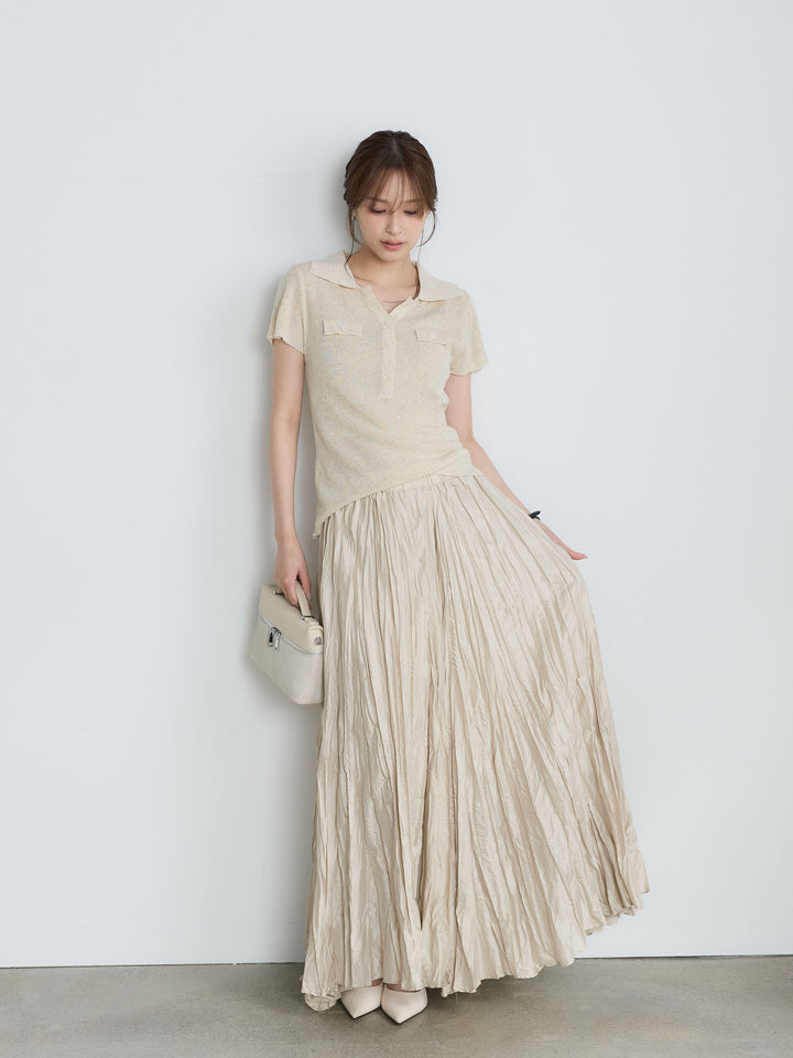 【SET】【Luxe Series】ダブルポケットサマーニットポロトップス+グロッシーワッシャープリーツスカート(2set)