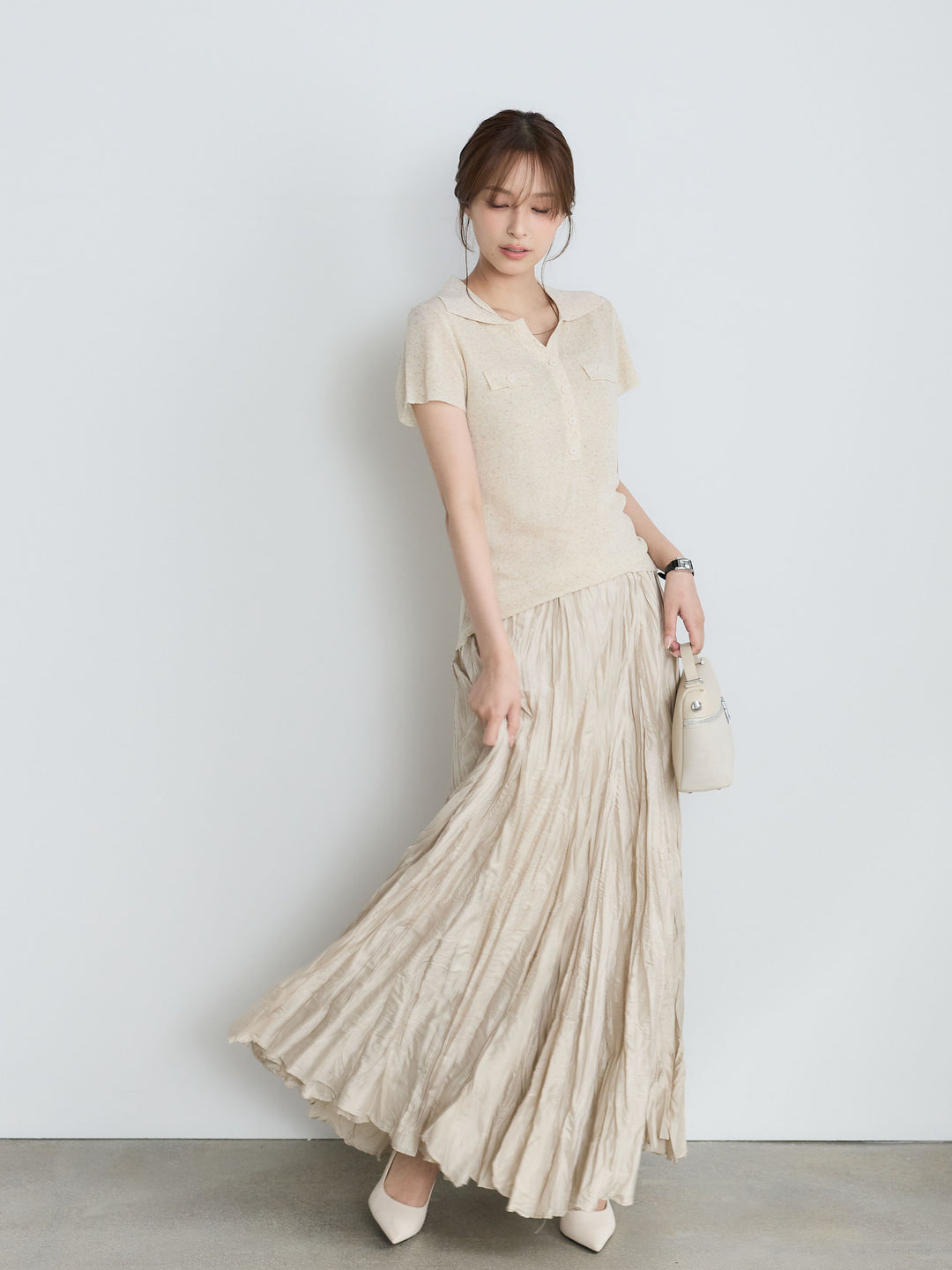 【SET】【Luxe Series】ダブルポケットサマーニットポロトップス+グロッシーワッシャープリーツスカート(2set)
