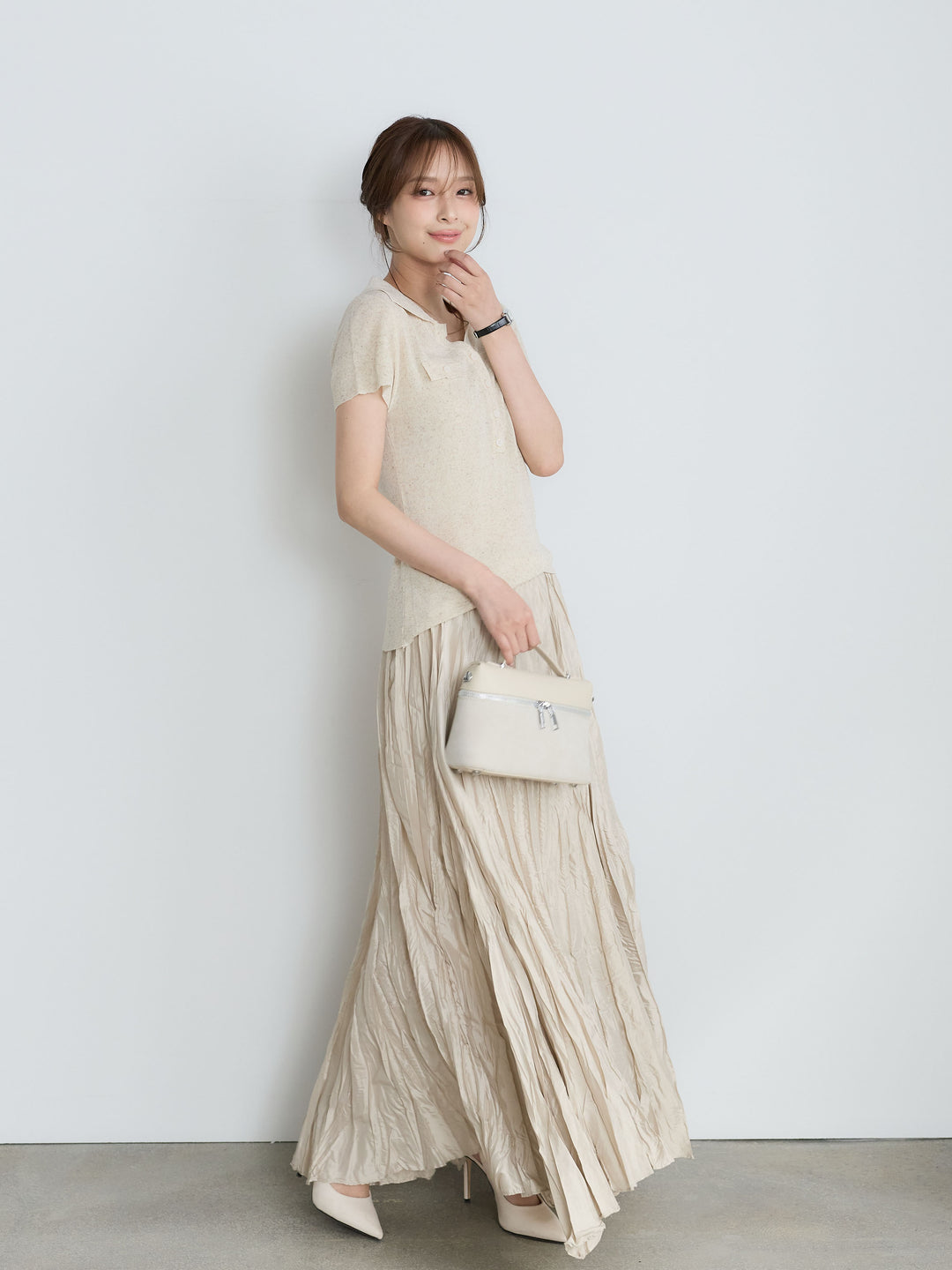 【SET】【Luxe Series】ダブルポケットサマーニットポロトップス+グロッシーワッシャープリーツスカート(2set)